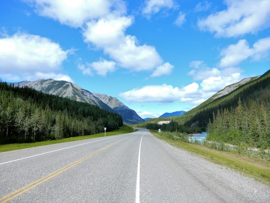 A Canadian mountain highway with visible lane markings